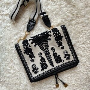 Tory Burch Farrah Shoulder Bag Black White Beaded Embroidered Leather Canvas